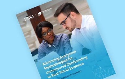 Teaser image displaying cover of PhRMA and BIO workshop summary, showing title text Advancing Analytical Methodologies for Unmeasured Confounding in Real-World Evidence