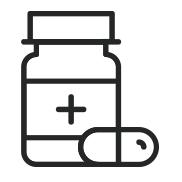line icon of a medication bottle with a capsule lying in front of it