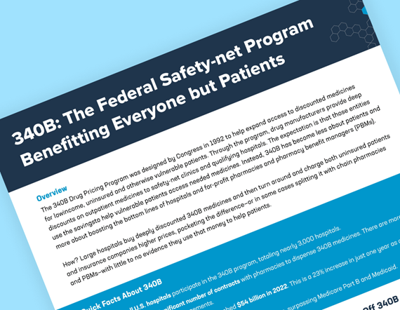 Teaser image showing top of a document with text visible, reading 340B: The Federal Safety-net Program Benefitting Everyone but Patients