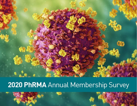 A teaser image showing a 3D rendering of a virus cell behind a headline reading "2020 PhRMA Annual Membership Survey"