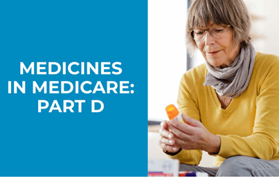 Older woman with a concerned expression reading a medication bottle label, next to the text "Medicines in Medicare: Part D"