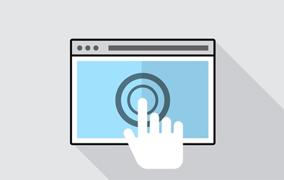 graphic of a hand with the index finger extended tapping a computer window with circles around the finger