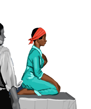 An illustration depicting a black woman, whose red headband and green dress are colorized amid an otherwise black and white illustration, kneeling on a raised platform, with the profile of a white man in the foreground barely visible on the side of the image