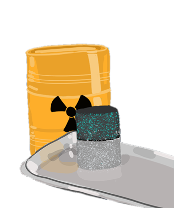 An illustration of a steel barrel with a radioactive waste label, behind a medicine tablet resting on a steel tray