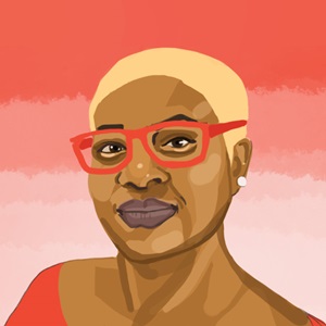 Graphic illustration of an African American woman against a red gradient background, with short blond hair, wearing red glasses, smiling and looking intently at the viewer