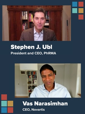 A collage image showing screenshots from a video call between Stephen Ubl and Vas Narasimhan