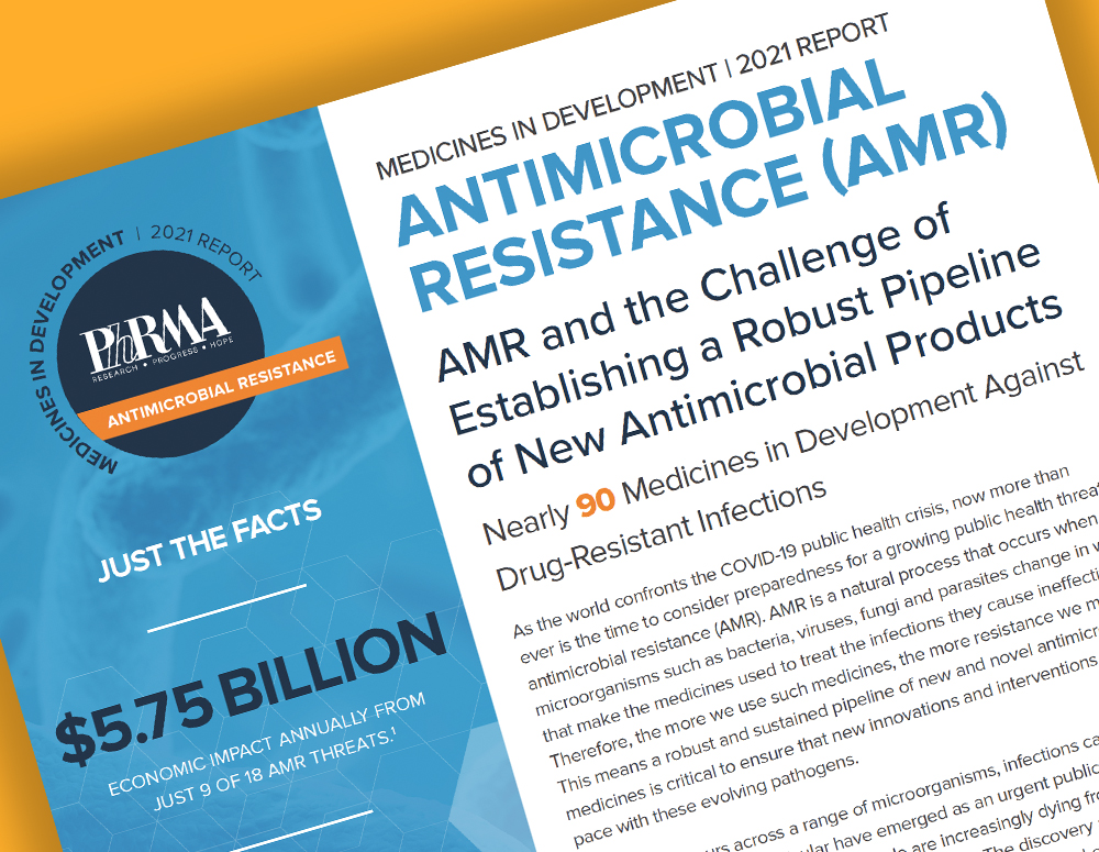 A teaser image of the Medicines in Development for Antimicrobial Resistance for 2021 Report, from PhRMA