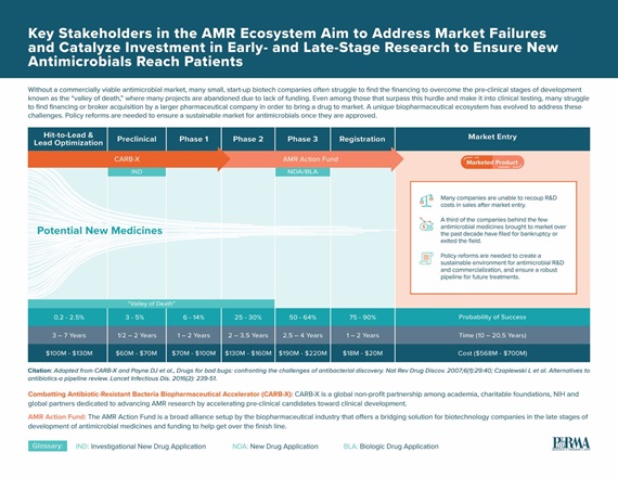 A graphic published by PhRMA detailing the phases of AMR medicines from Hit-to-Lead and lead Optimization through Market Entry
