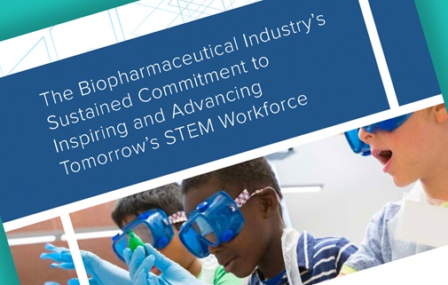 A teaser image displaying the first page of PhRMA's report, displaying the title text: The Biopharmaceutical Industry's Sustained Commitment to Inspiring and Advancing Tomorrow's STEM Workforce