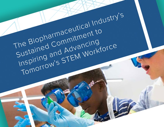 A teaser image displaying the first page of PhRMA's report, displaying the title text: The Biopharmaceutical Industry's Sustained Commitment to Inspiring and Advancing Tomorrow's STEM Workforce