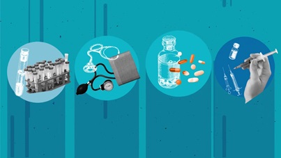 Graphic showing test tubes in a rack, a stethoscope, pills and pill bottles, and a hand holding a syringe