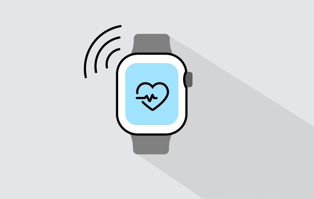 Graphic illustration of a smart watch with a heartbeat icon on the screen