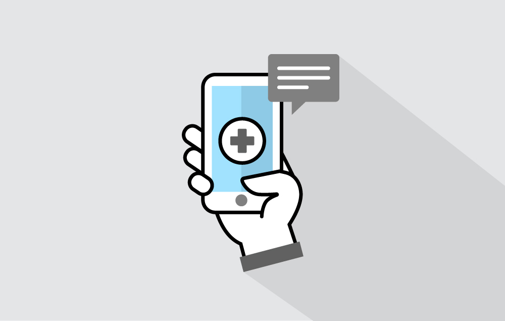 Icon image of hand holding phone with health cross and text