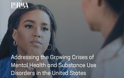 Photo of a woman speaking with a doctor, with the title "Addressing the Growing Crises of Mental Health and Substance Use Disorders in the United States"