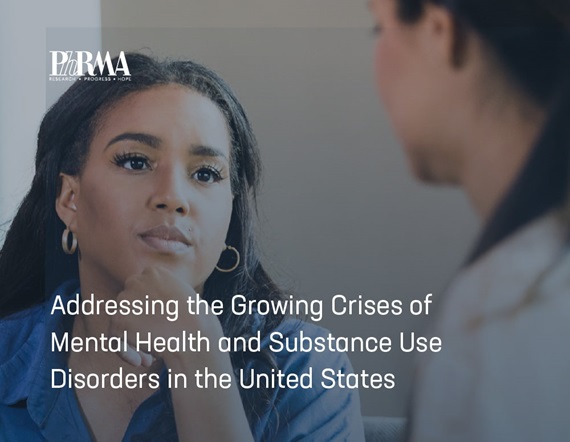 Photo of a woman speaking with a doctor, with the title "Addressing the Growing Crises of Mental Health and Substance Use Disorders in the United States"