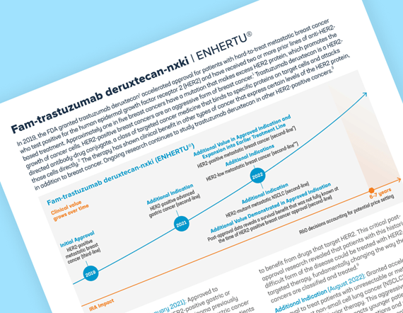 Teaser image showing the first page of a fact sheet for emerging value for enhertu, tilted at an angle against a light blue background