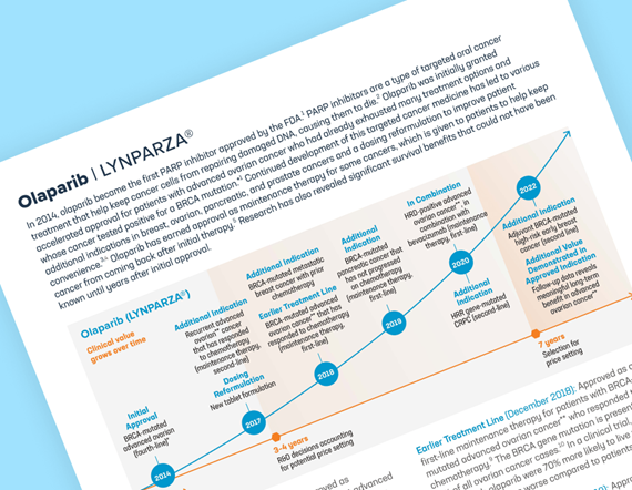 Teaser image showing the first page of a fact sheet for emerging value for lynparza, tilted at an angle against a light blue background