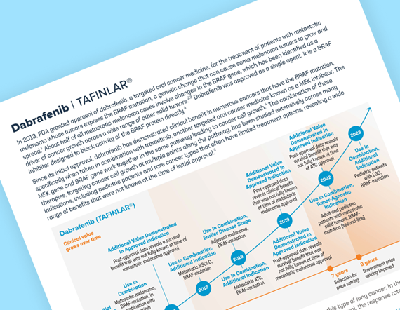 Teaser image showing the first page of a fact sheet for emerging value for tafinlar, tilted at an angle against a light blue background