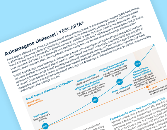 Teaser image showing the first page of a fact sheet for emerging value for yescarta, tilted at an angle against a light blue background