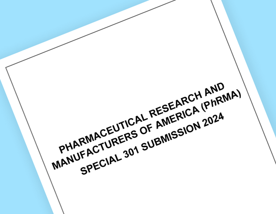 A detail image of the first page of PhRMA's Special 301 Submission to the Center for Medicare and Medicaid Services for 2024